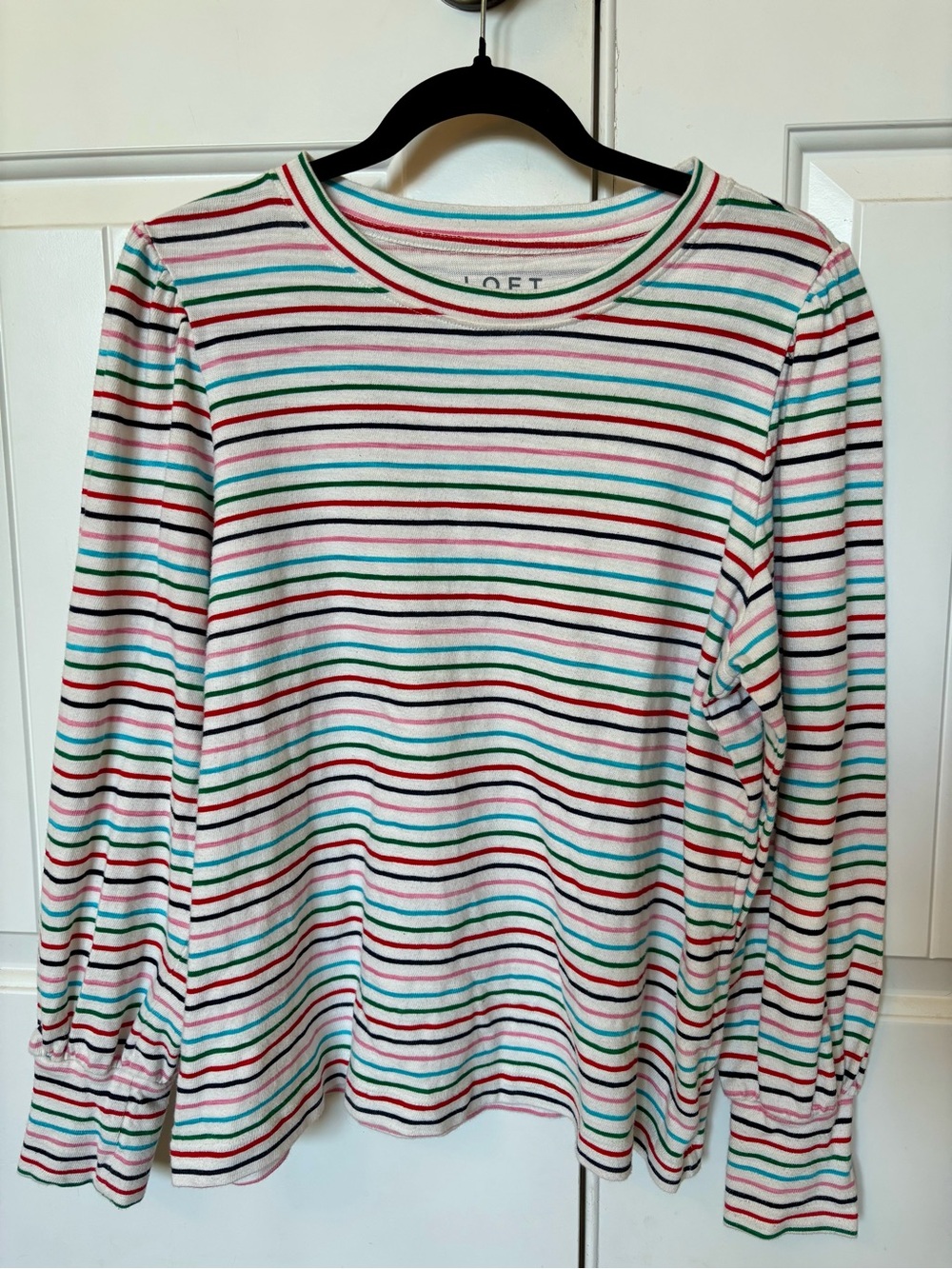 LOFT Long-Sleeve Stripe Tee - White with Red, Green & Aqua Stripes